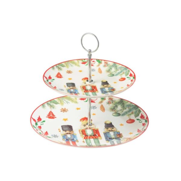 CAKE STAND 2 TIER ROUND NUTCRACKER  GIFTBOX CERAMICES WHITE