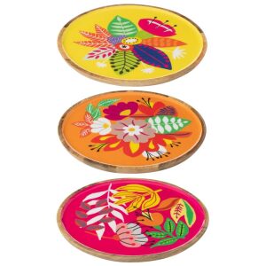 TRAY FLAT ROUND FLORAL PATTERN MANGO WOOD PINK/ORANGE/YELLOW LARGE ASSORTMENT OF 3