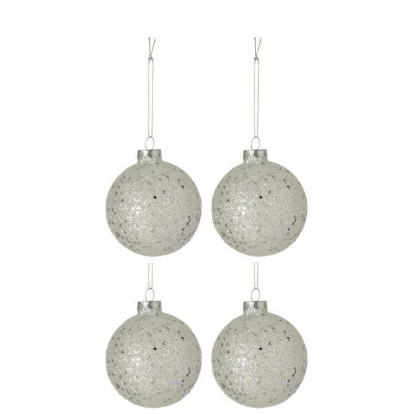 BOX OF 4 CHRISTMAS BAUBLES STARS GLASS SILVER MEDIUM