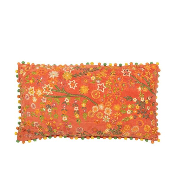 CUSHION RECTANGLE FLOWERS+POMPOMS VELVET ORANGE