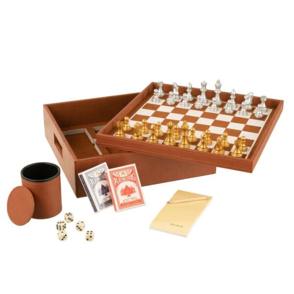 BOX CARD GAME/CHESS GAME FAKE LEATHER COGNAC