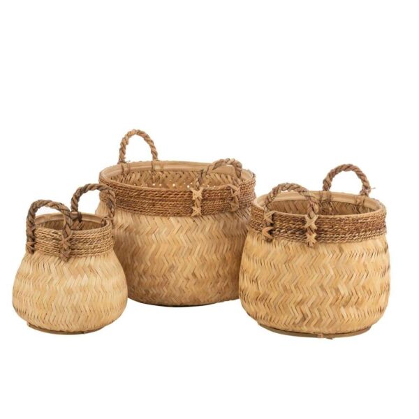 SET OF 3 BASKETS+HANDLE BALL BAMBOO+ROPE NATURAL SMALL