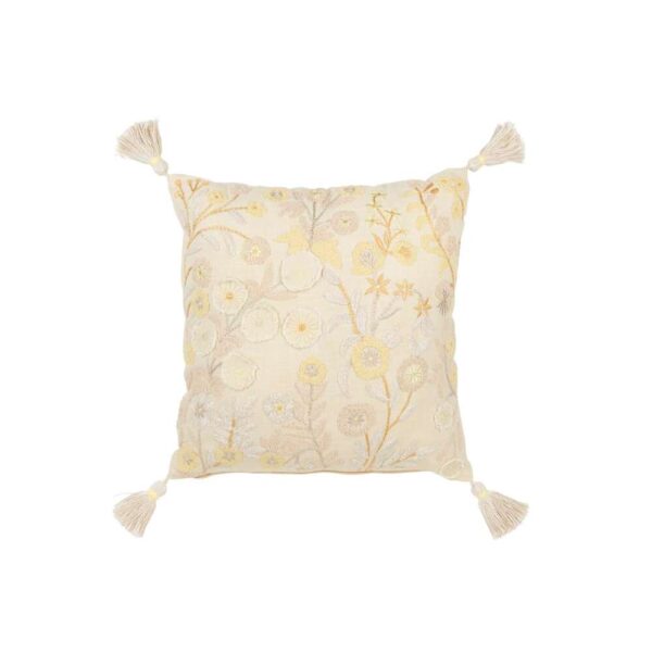 CUSHION SQUARE FLOWERS/TASSELS COTTON LIGHT YELLOW