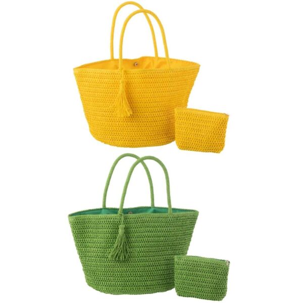 BEACH BAG+POUCH PAPER GREEN/YELLOW ASSORTMENT OF 2