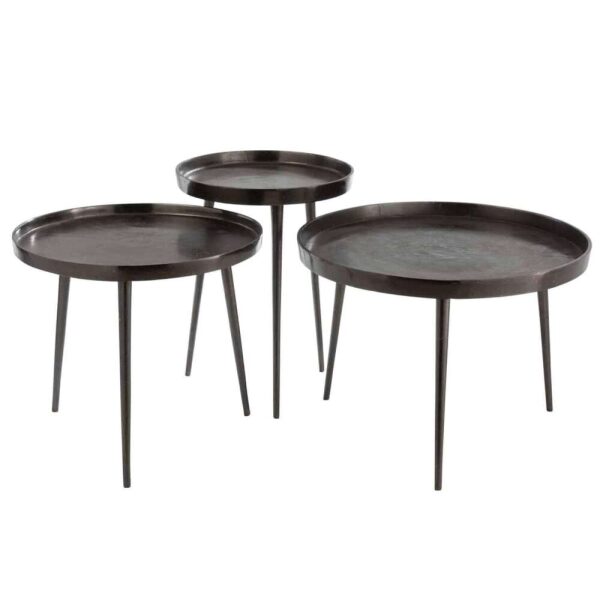 SET OF 3 SIDETABLES TRAY RIGHT ROUND METAL DARK GREY