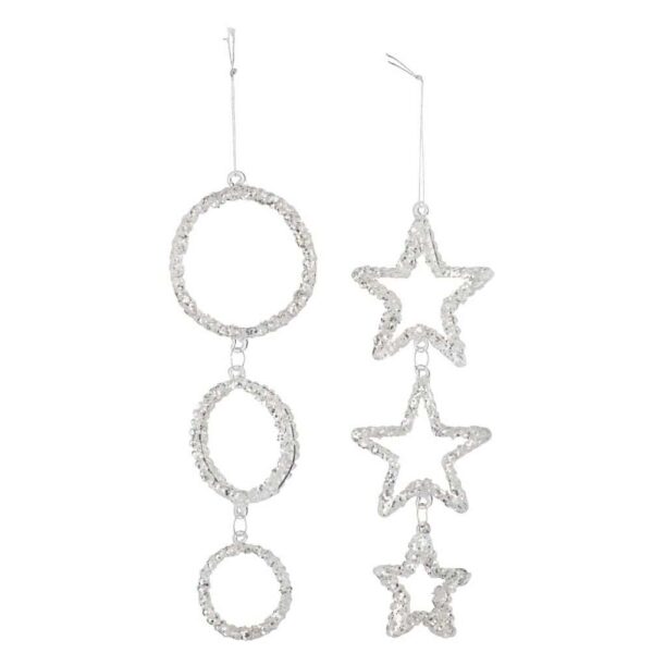 HANGER CIRCLE/STAR GLASS GLITTER SILVER ASSORTMENT OF 2