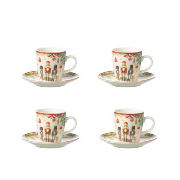 BOX OF 4 COFFIE CUP+ SAUCER NUTCRACKER CERAMICES WHITE