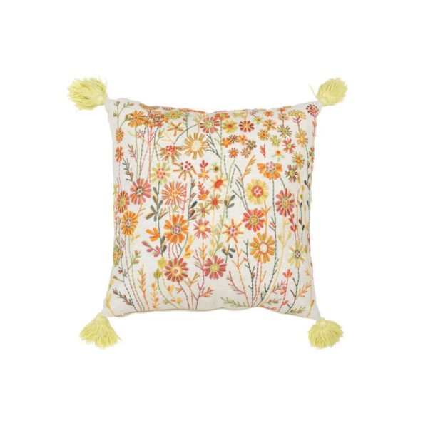 CUSHION SQUARE FLOWERS+TASSELS COTTON WHITE/ORANGE