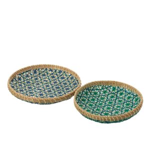 SET OF 2 TRAY MOSAÏC PATTERN BAMBOO DARK BLUE/WATER GREEN