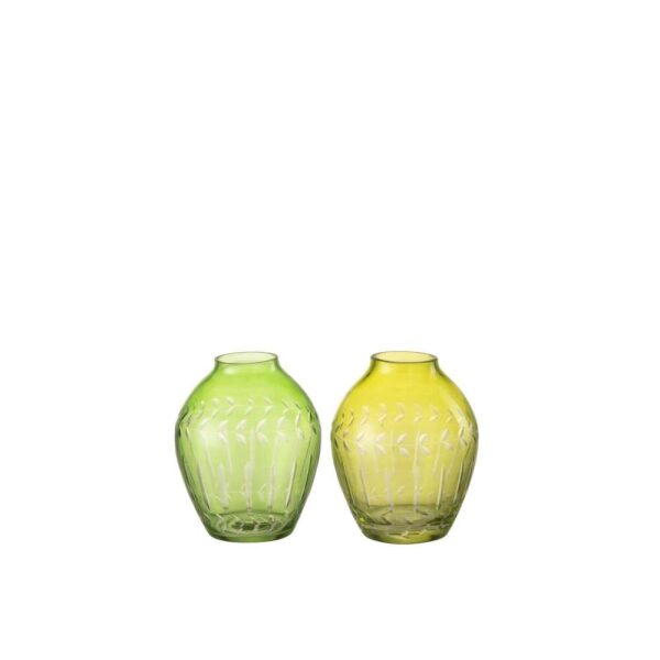 VASE BALL LEAVES GLASS GREEN ASSORTMENT OF 2
