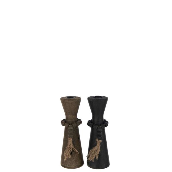 CANDLE HOLDER NUT PINEWOOD/IRON BLACK/BROWN ASSORTMENT OF 2