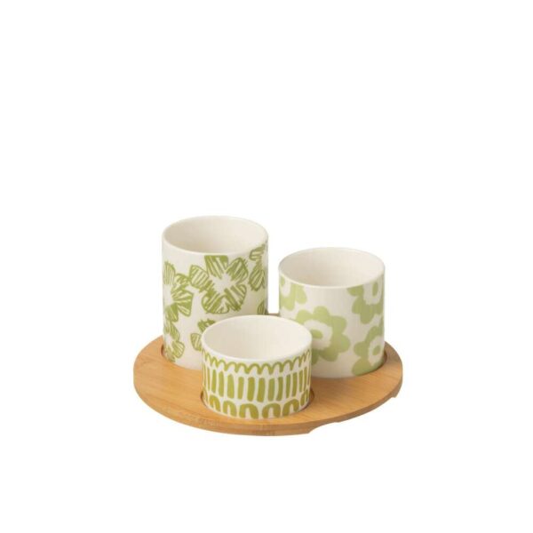 SET OF 3 APPETIZER SET+BAMBOO TRAY IN BOX CERAMIC GREEN