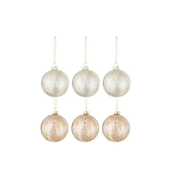 BOX OF 6 CHRISTMAS BAUBLES 3+3 LEAVES GLASS TRANSPARENT BEIGE/GOLD SMALL