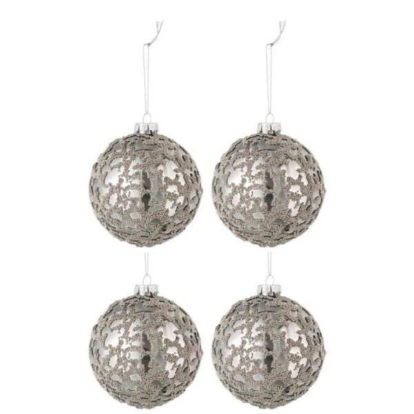 BOX OF 4 CHRISTMAS BAUBLES MINI PEARLS GLASS SHINING GREY SMALL