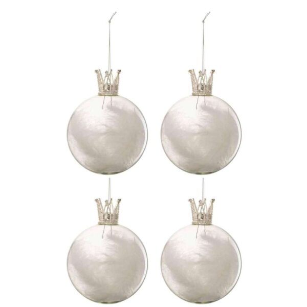 BOX OF 4 CHRISTMAS BAUBLES CROWN FEATHER WHITE GLASS CLEAR MEDIUM