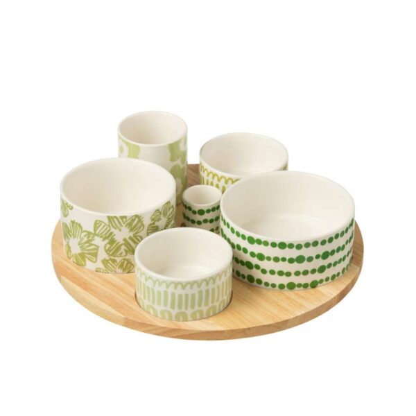 SET OF 6 APPETIZER SET+BAMBOO TRAY IN BOX CERAMIC GREEN