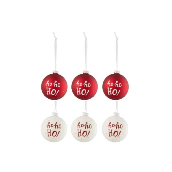 BOX OF 6 CHRISTMAS BAUBLES HOHOHO! GLASS WHITE/RED SMALL