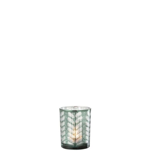 TEALICHT HOLDER HERRINGBONE GLASS GREEN/SILVER SMALL