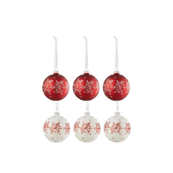 BOX OF 6 CHRISTMAS BAUBLES SNOWFLAKES GLITTER GLASS WHITE/RED SMALL
