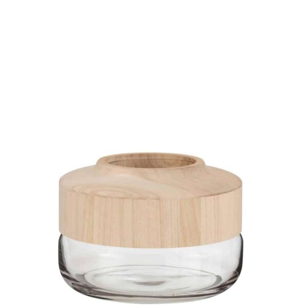 VASE WIDE LOW WOOD/GLASS LIGHT BROWN