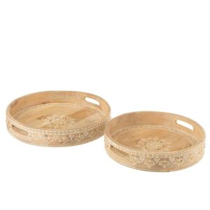 SET OF 2 TRAY 2 HANDLE BEADS MANGO WOOD NATURAL/WHITE