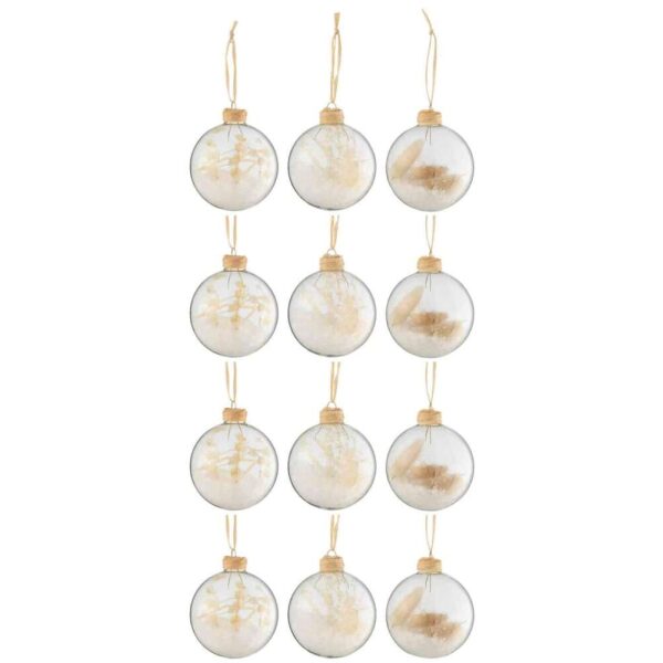 BOX OF 12 CHRISTMAS BAUBLES 4+4+4 DRIED BRANCHES BEIGE GLASS TRANSPARENT