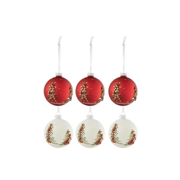 BOX OF 6 CHRISTMAS BAUBLES CHRISTMAS TREES GLITTERS GLASS WHITE/RED SMALL