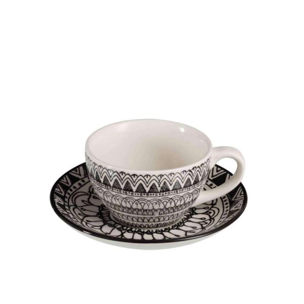 COFFEE MUG+SAUCER MONOCHROME BOHO CERAMIC BLACK/WHITE