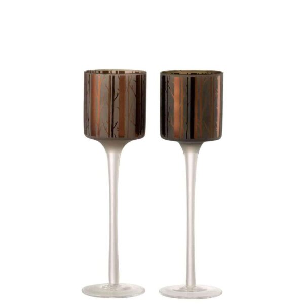 TEALIGHT HOLDER ON FOOT TREE GLASS BROWN SMALL ASSORTMENT OF 2