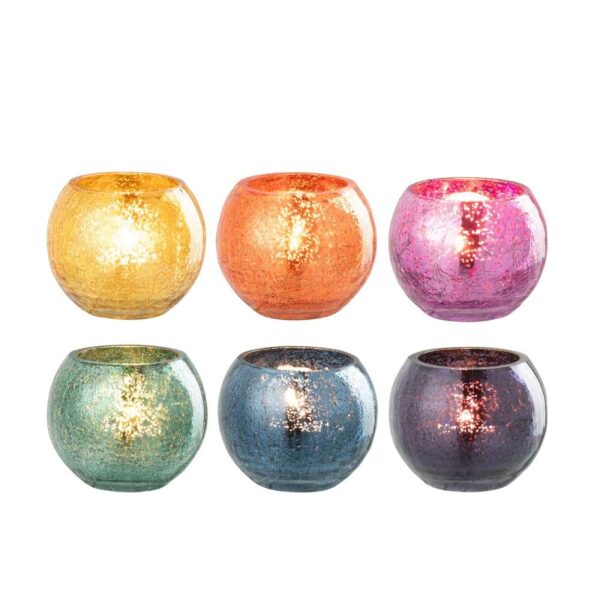 TEALIGHT HOLDER BALL CRAQUELURE GLASS MIX ASSORTMENT OF 6
