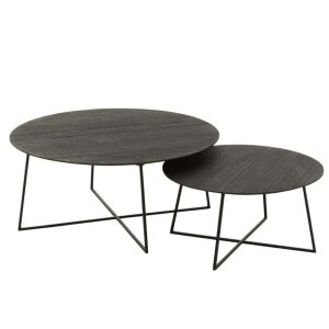 SET OF 2 SIDE TABLES ROUND TEAK WOOD/METAL BLACK