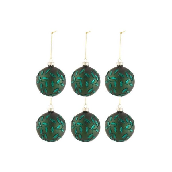 BOX OF 6 CHRISTMAS BAUBLES LEAVES GLITTER GLASS MATTE GREEN SMALL