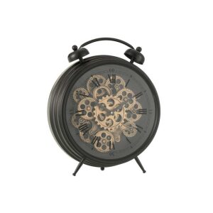 CLOCK ALARM ROMAN NUMERALS GEARS METAL BLACK LARGE