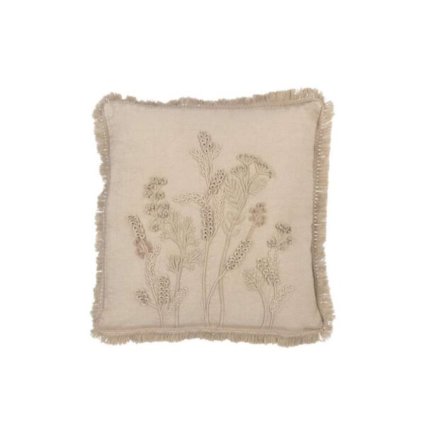 CUSHION EMBROIDERY FLOWERS+FRINGES COTTON GREIGE