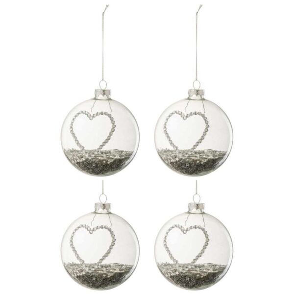 BOX OF 4 CHRISTMAS BAUBLES HEART STRASS SILVER STARS GLASS CLEAR MEDIUM