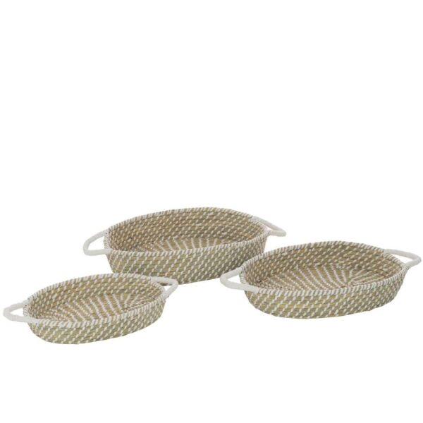 SET OF 3 BASKET OVAL HANDLES STRAW NATURAL/WHITE