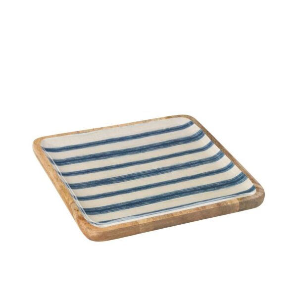 PLATTER SQUARE STRIPES MANGO WOOD BLUE/WHITE