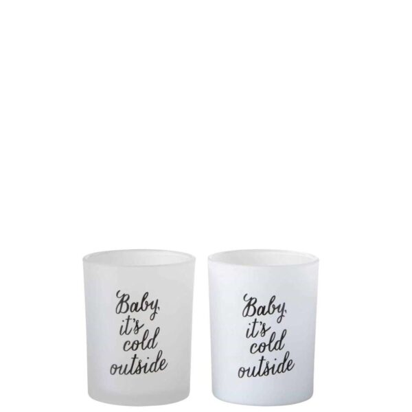 TEALIGHT HOLDER "BABY IT IS COLD OUTSIDE" GLASS WHITE/BLACK LARGE ASSORTMENT OF 2