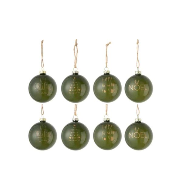 BOX OF 8 CHRISTMAS BAUBLES TEXT XMAS GLASS MATTE GREEN