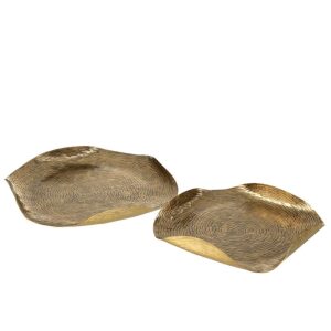 SET OF 2 TRAY ROUND BORDERS FOLDED METAL GOLD