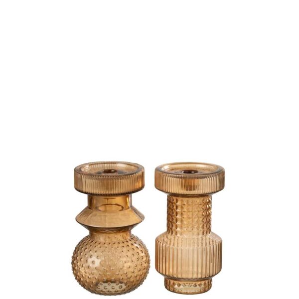 CANDLE HOLDER GEOMETRIC GLASS BROWN ASSORTMENT OF 2