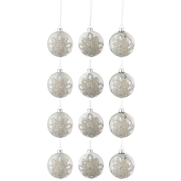BOX OF 12 CHRISTMAS BAUBLES 4+4+4 ORNAMENT PEARLS GLASS MATTE WHITE/MATTE SILVER/SHINING SILVER SMAL