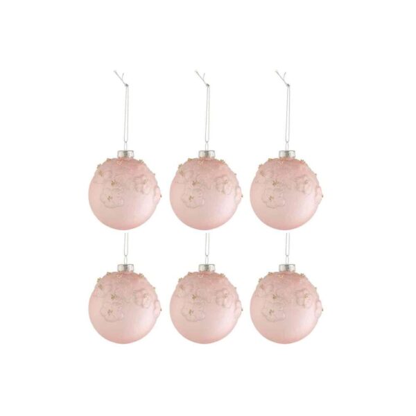 BOX OF 6 CHRISTMAS BAUBLES FLOWERS GLASS MATTE OPAL LIGHT PINK SMALL