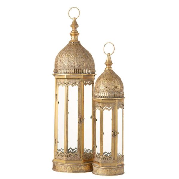 SET OF 2 LANTERNS EASTERN METAL/GLASS GOLD