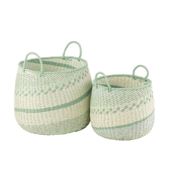 SET OF 2 BASKET+HANDLES SEAGRASS BEIGE/GREEN