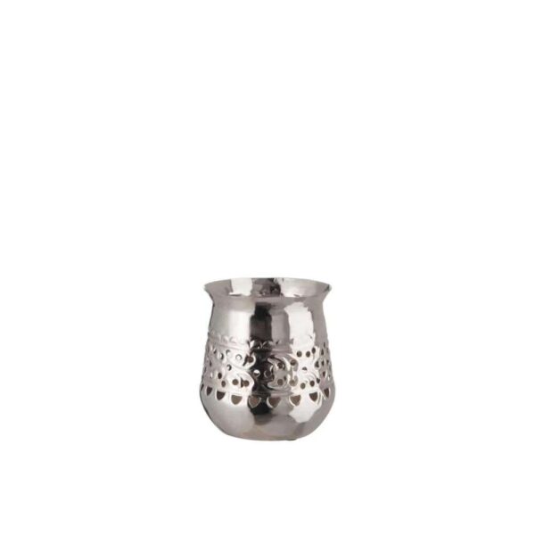 TEA-LIGHT HOLDER ORIENTAL ROUND IRON SHINY SILVER SMALL