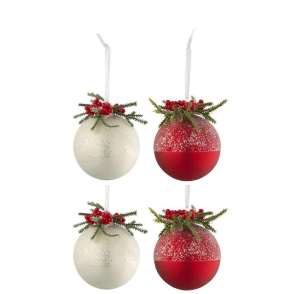 BOX OF 4 CHRISTMAS BAUBLES CHRISTMAS DECO+BERRIES SUGAR GLASS WHITE/RED SMALL