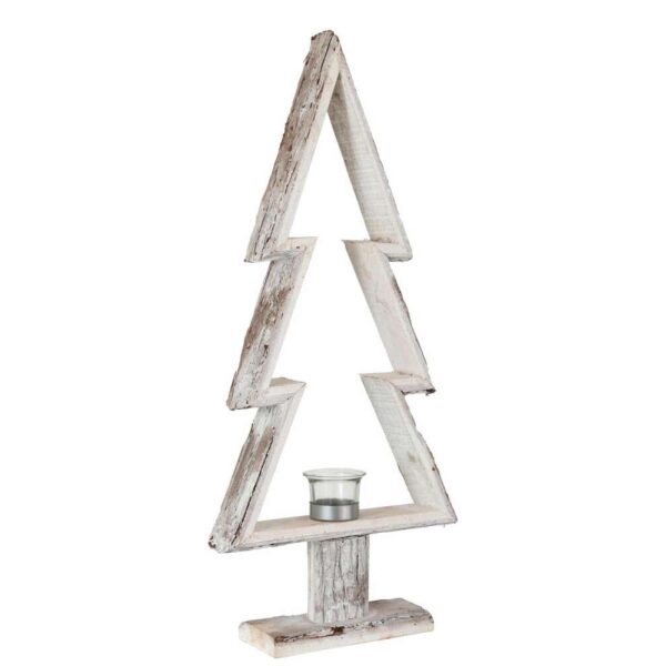 TEALIGHT HOLDER CHRISTMAS TREE WOOD BROWN/WHITE LARGE