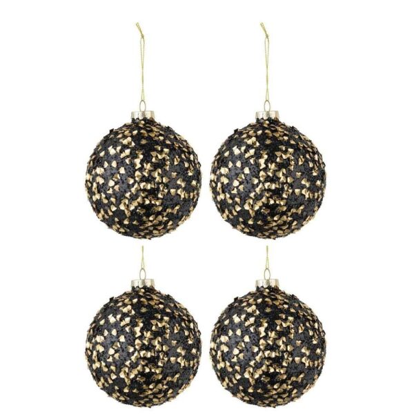 BOX OF 4 CHRISTMAS BAUBLES GLITTER SEQUINS GLASS BLACK GOLD MEDIUM