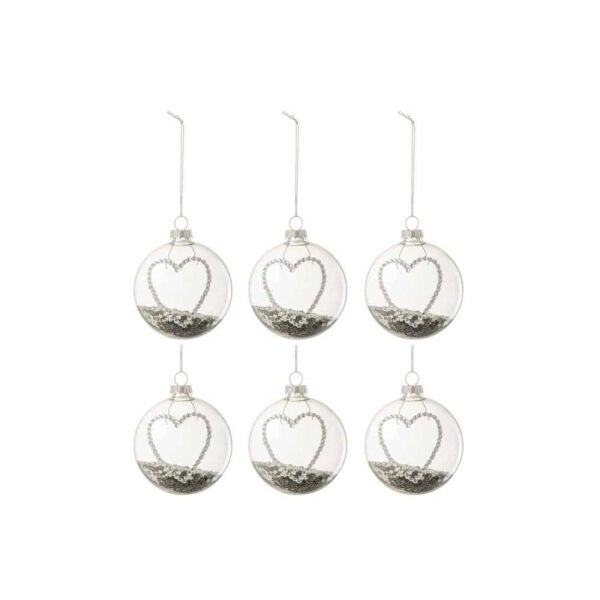BOX OF 6 CHRISTMAS BAUBLES HEART STRASS SILVER STARS GLASS CLEAR SMALL